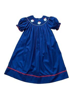The Smocking Place Girls Size 4 Blue Santa Pleated Embroidered Holiday Dress